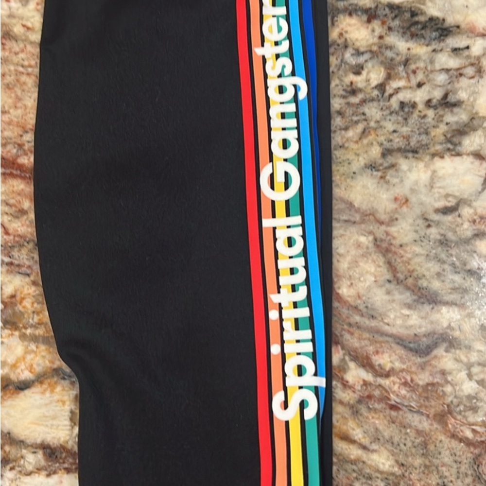 Spiritual Gangster black leggings with Rainbow Stripe